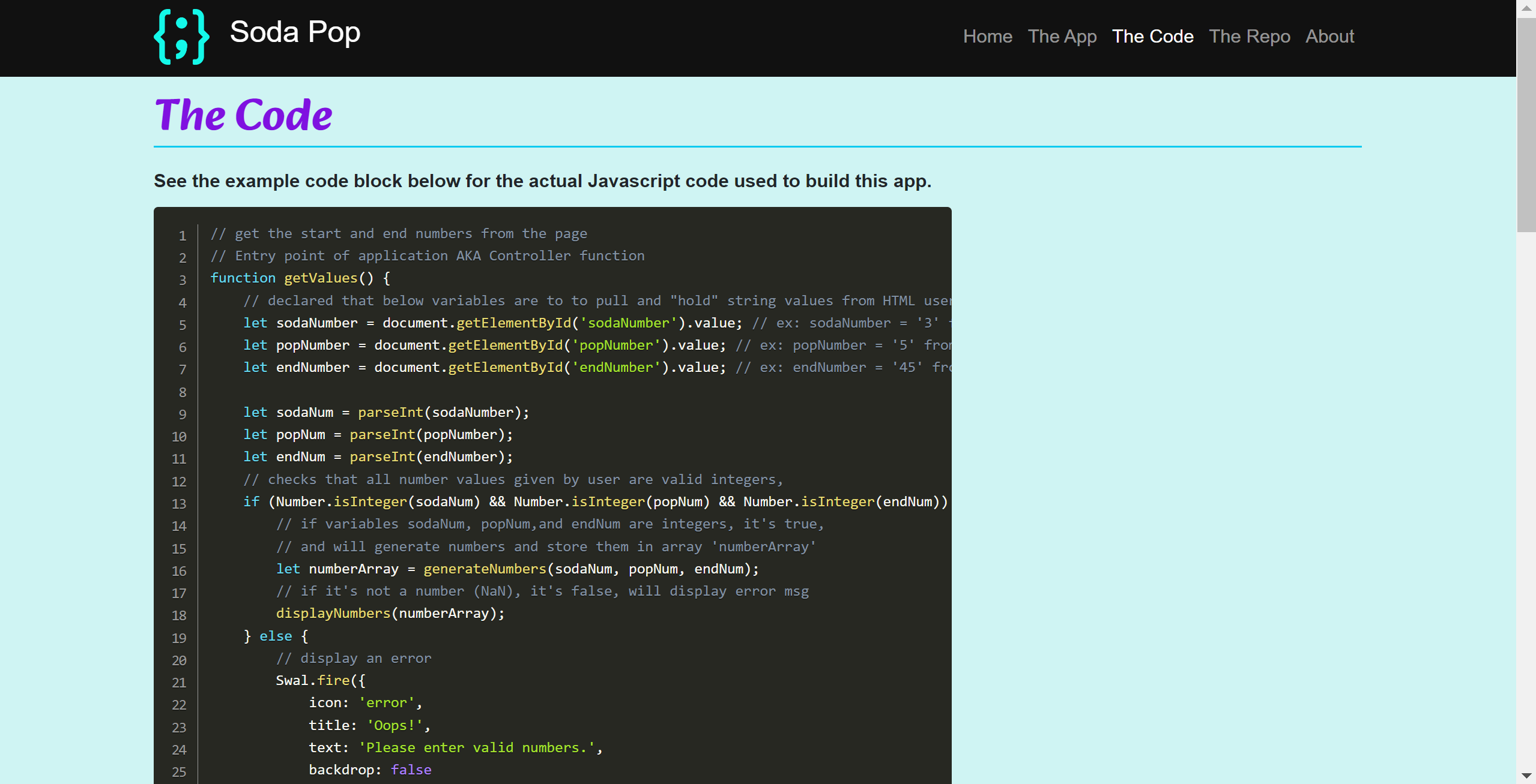 Screenshot of Soda Pop Code Page